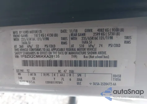 2019 Ford Transit-350 Xl из США, поврежденный, VIN 1FBZX2CM6KKA28135